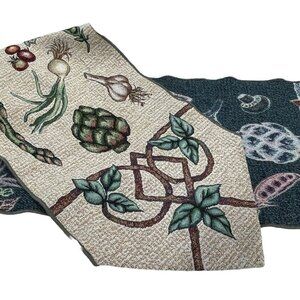 Vegetable Print Tapestry Table Runner 70s Kitchen Decor 12x64 Beige & Green